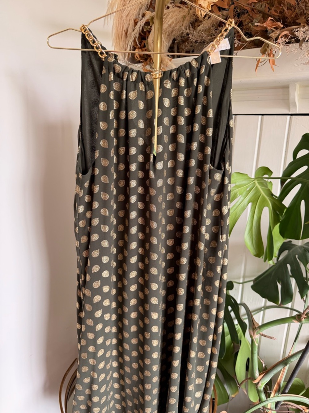 MICHAEL Michael Kors Olive Dress with Gold Print and Chain Strap